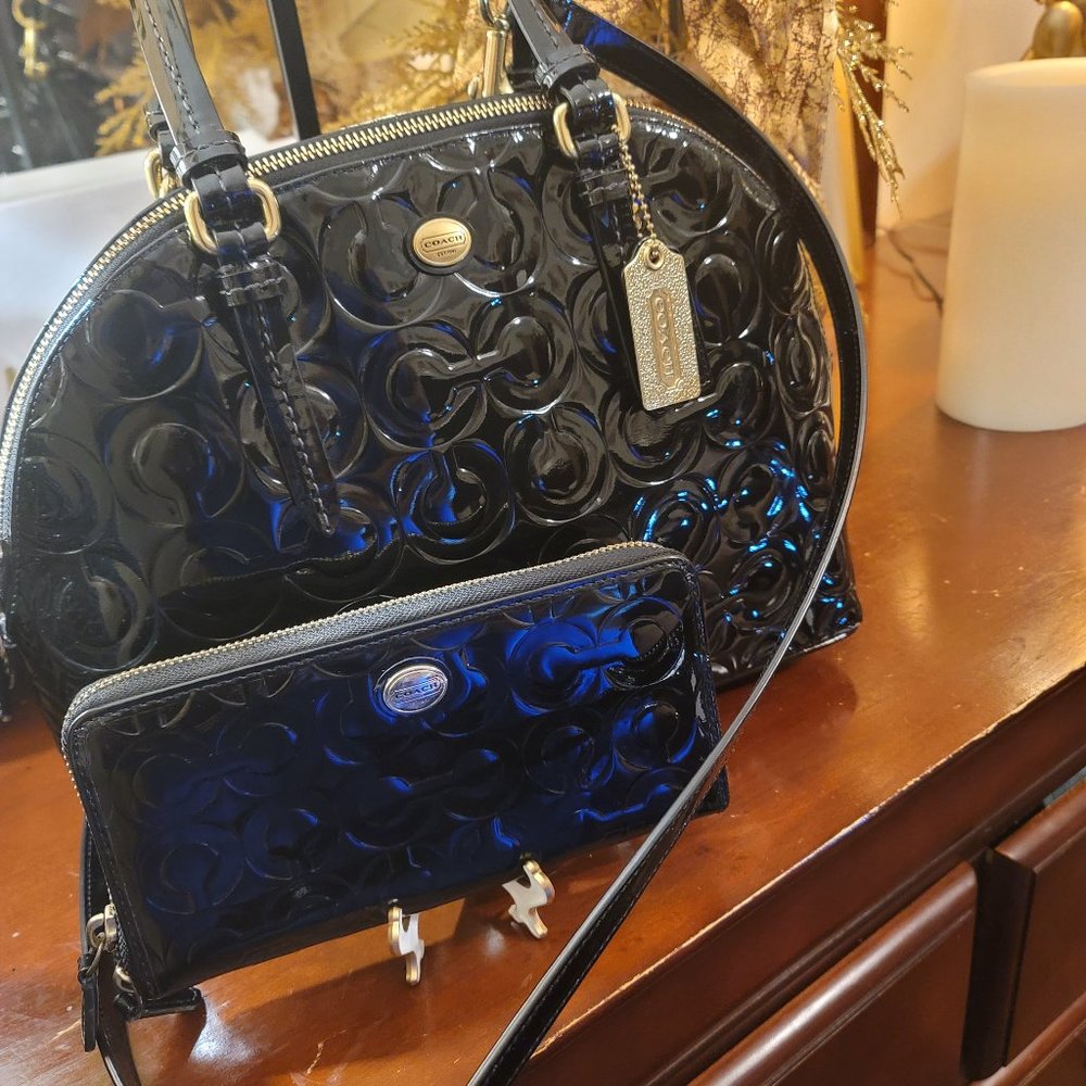 Authentic  Black patent leather Coach purse and matching wallet